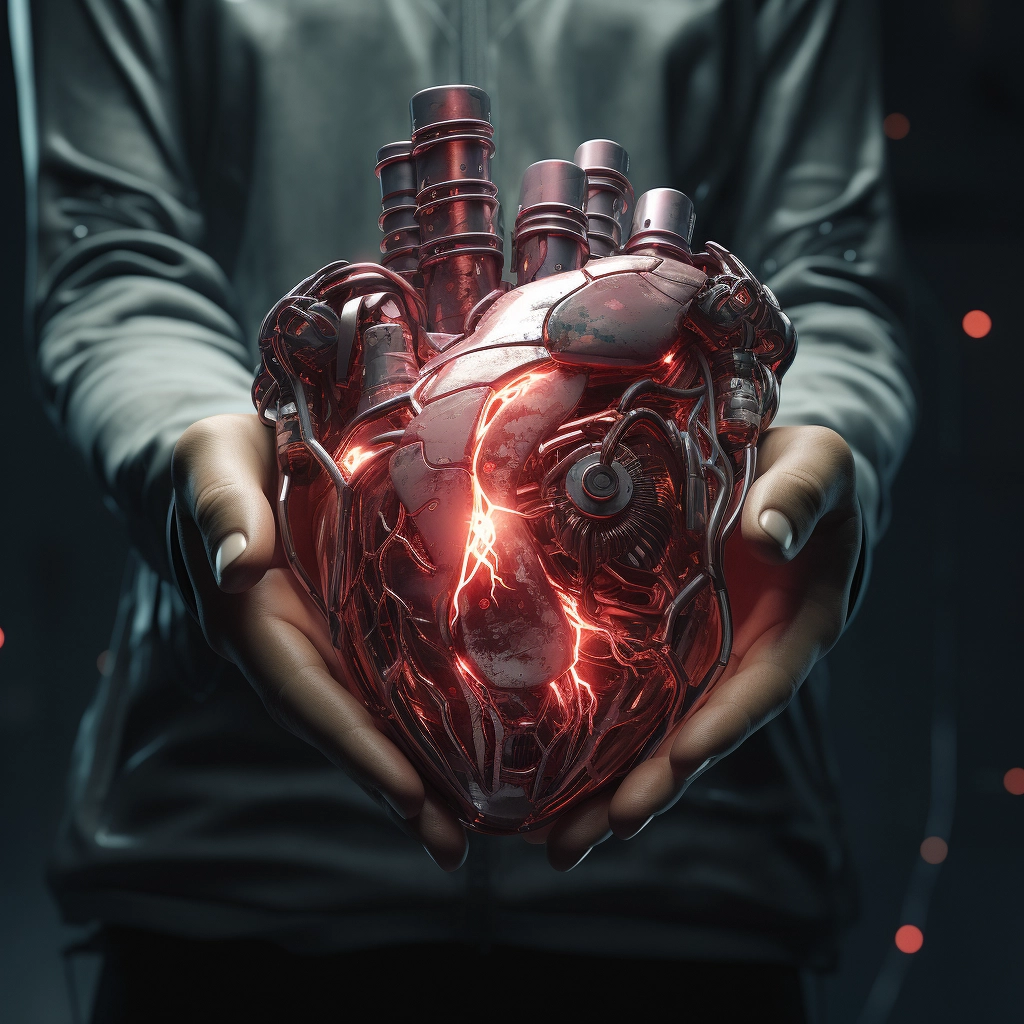 Synthetic heart being held in a robotic hand in the