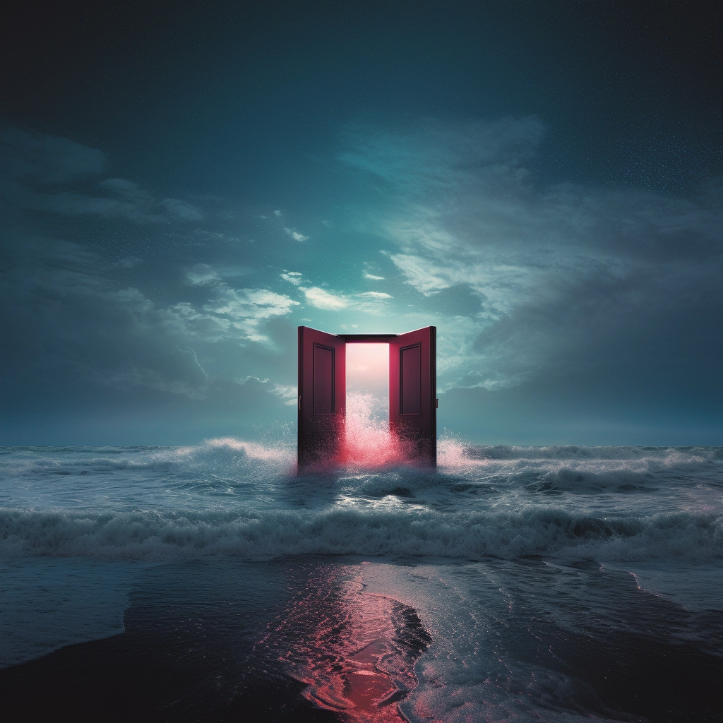 The sky and ocean with wave engulfing the door in th