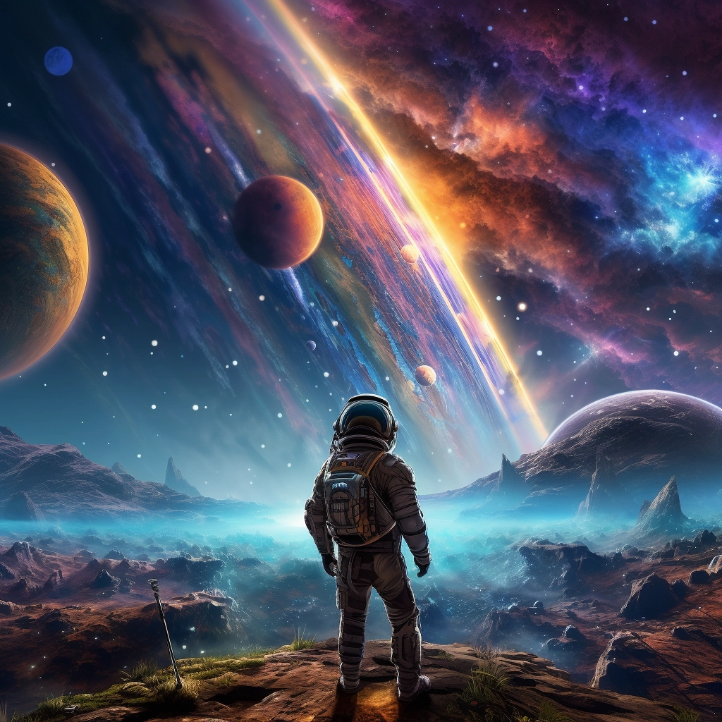 The astronaut looks out across the outer space in th