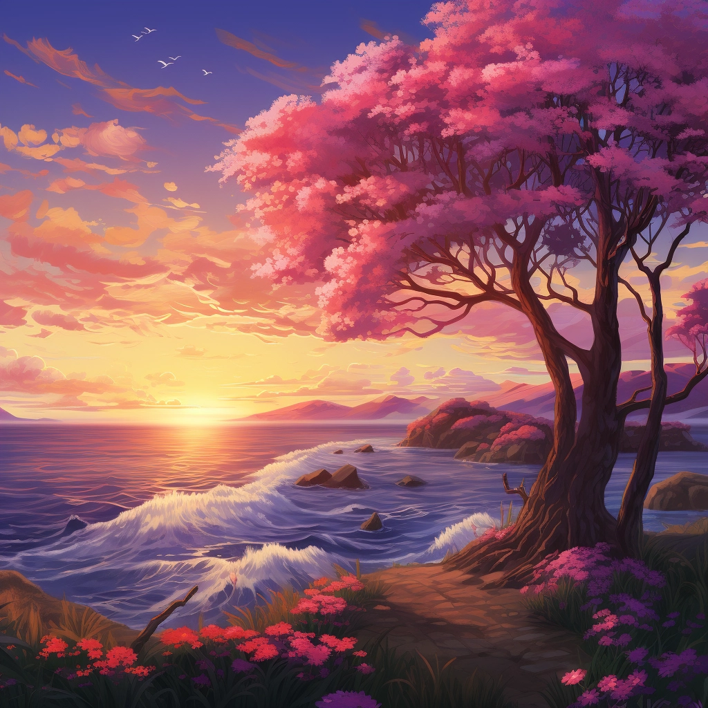 An anime sunset scene with trees and flowers in the