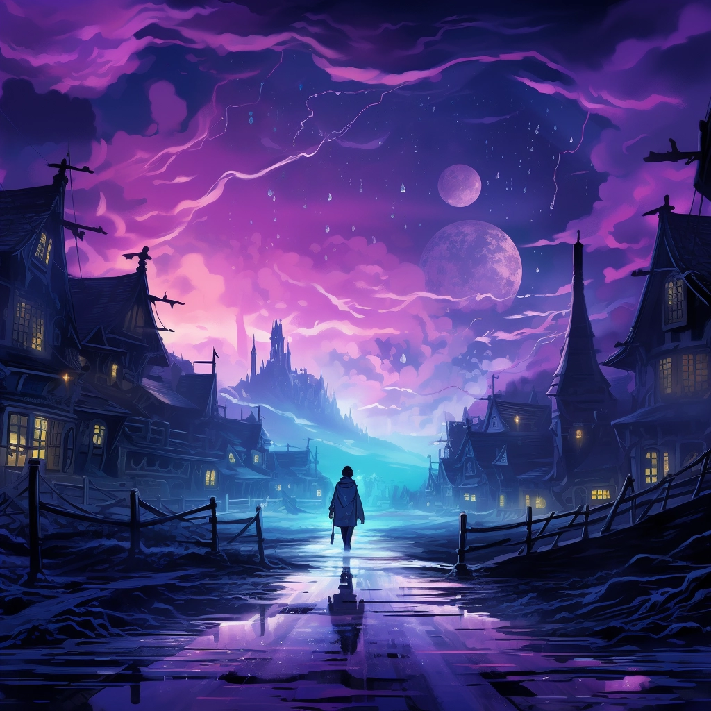 Person walking to a small town on a nightscape with