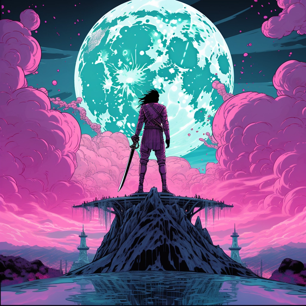 The sky is full of moon and a man is standing on a p