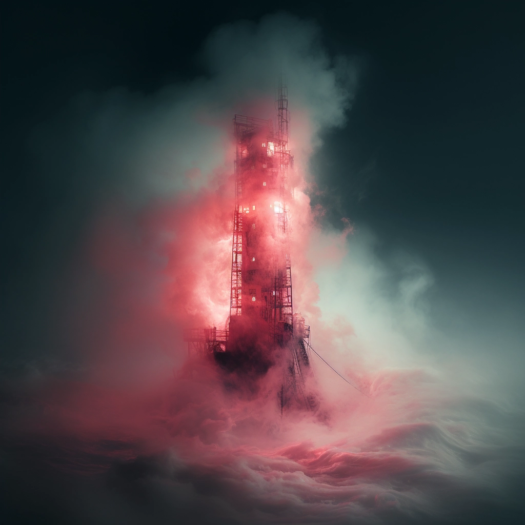 A giant red tower in the middle of a large sea of sm