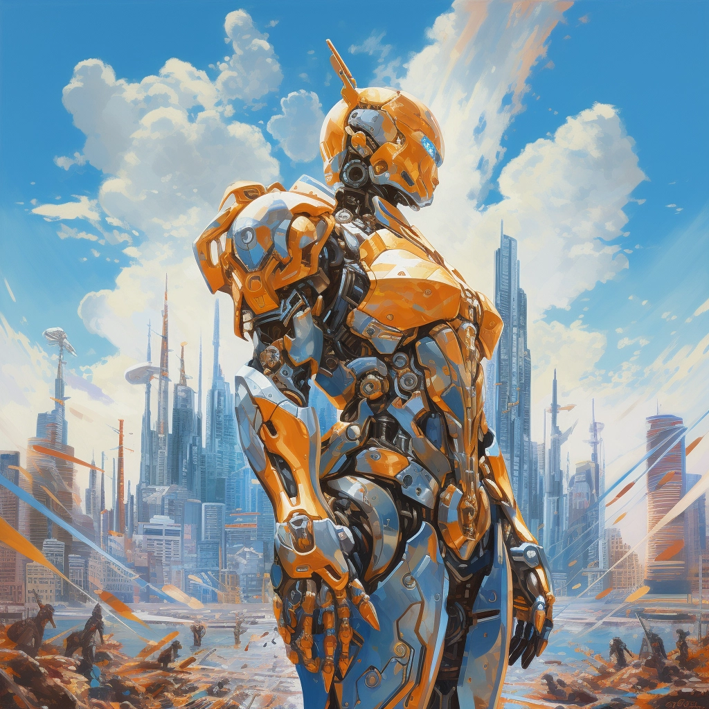The skyline of the large futuristic city with a gold