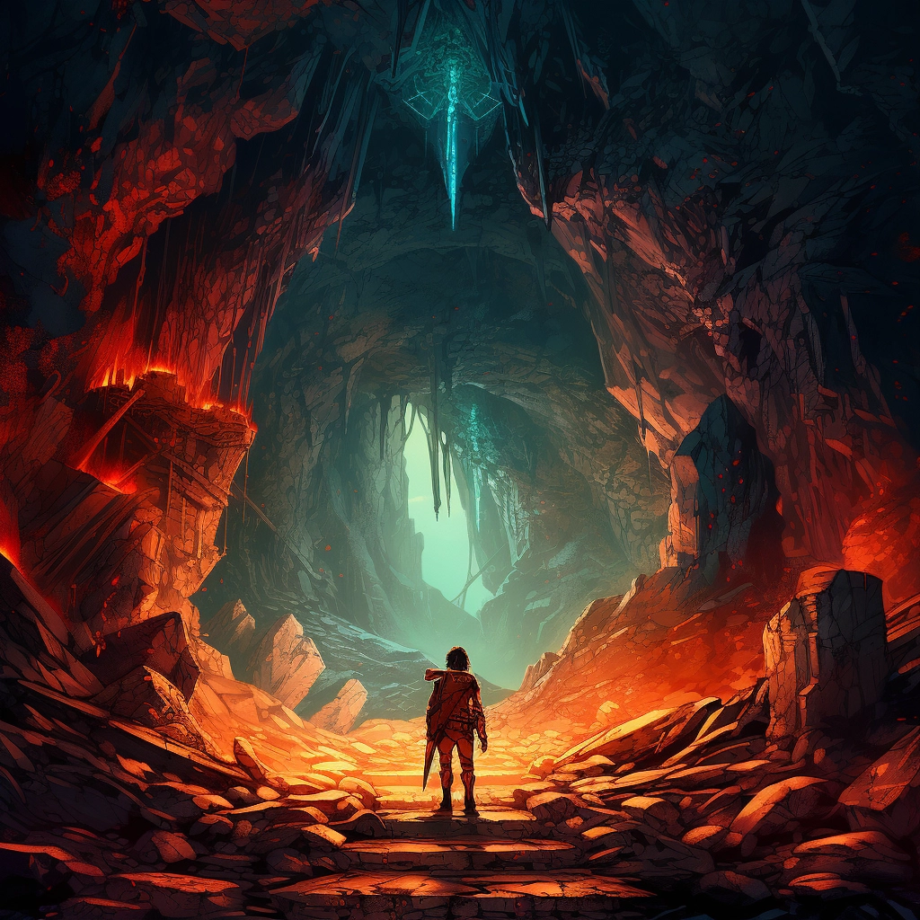 An in a cave with a knight on his shoulders in the s