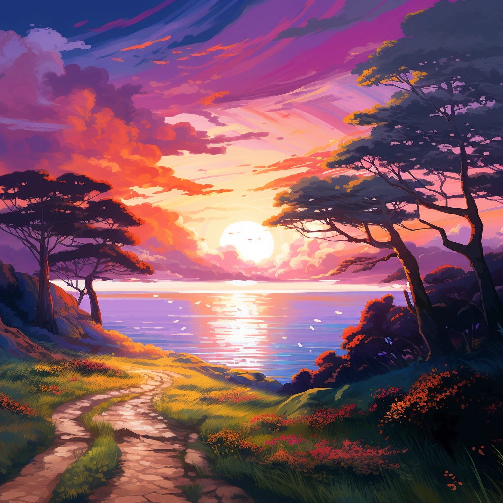 A path with trees through a landscape in the style o