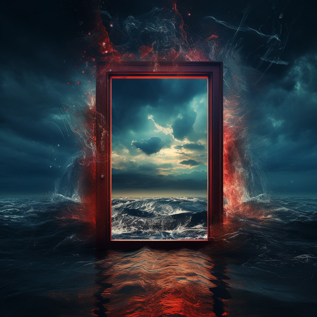 A door with a window on the water in the style of su