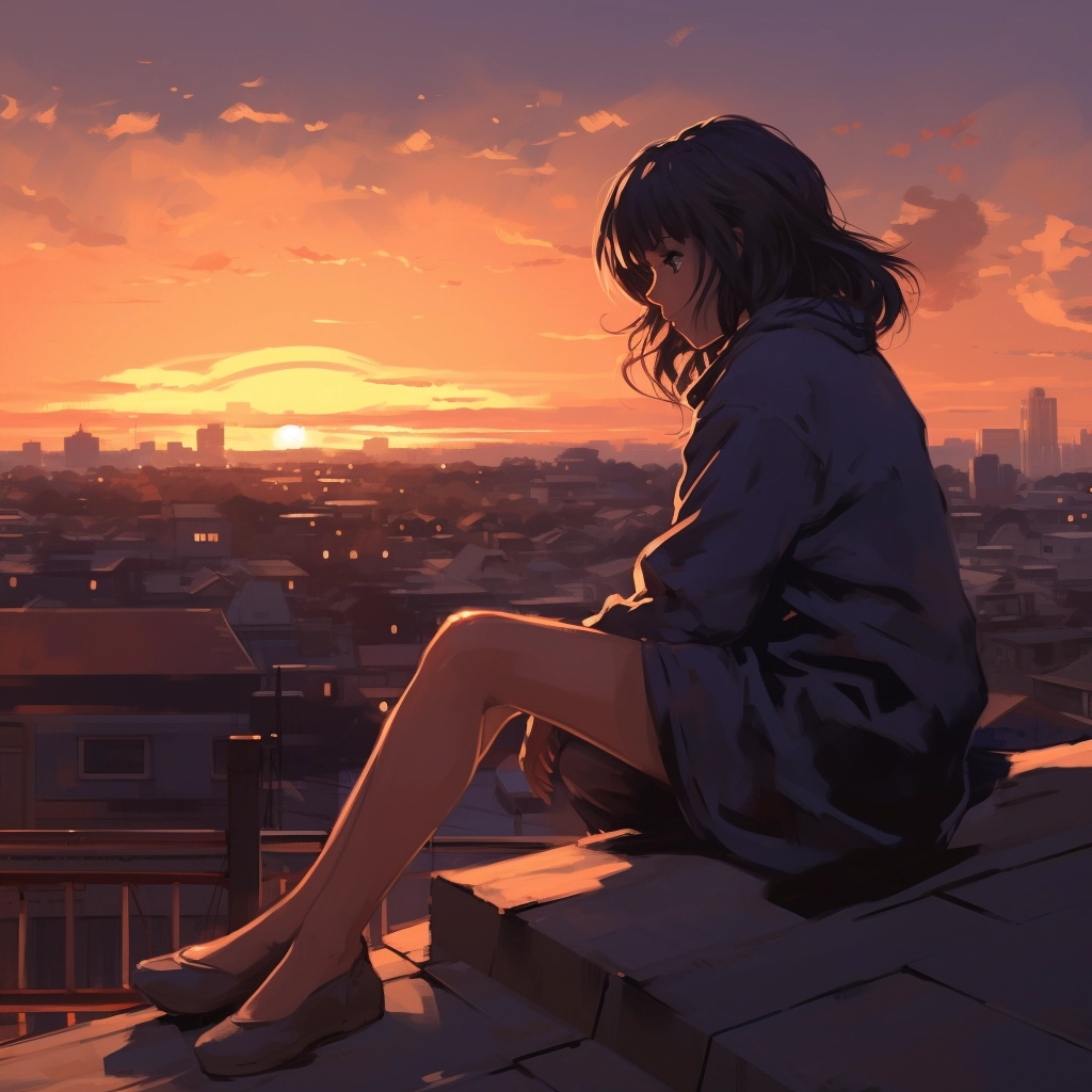 Girl sitting on the roof and watching the sunset in