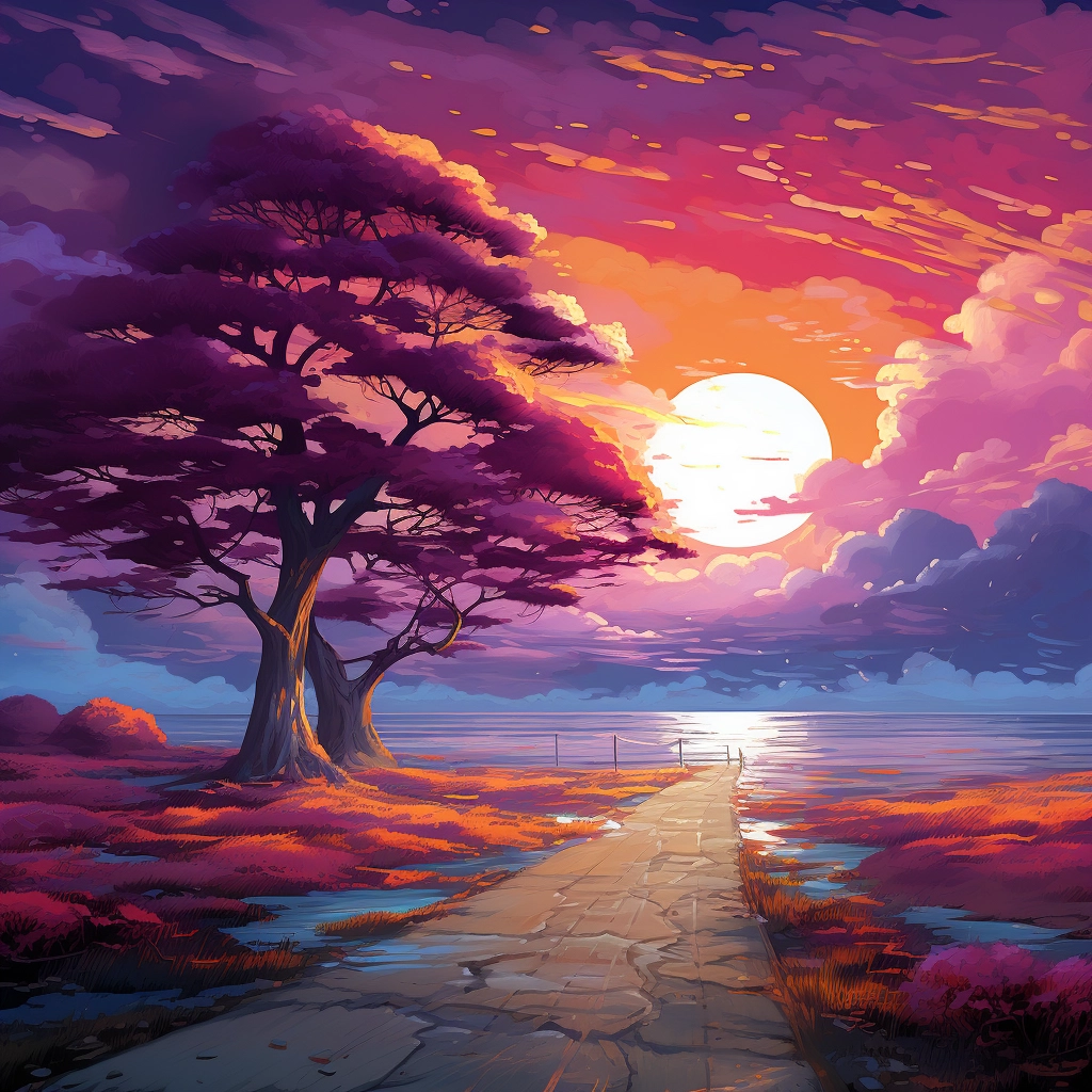 A path with trees through a landscape in the style o