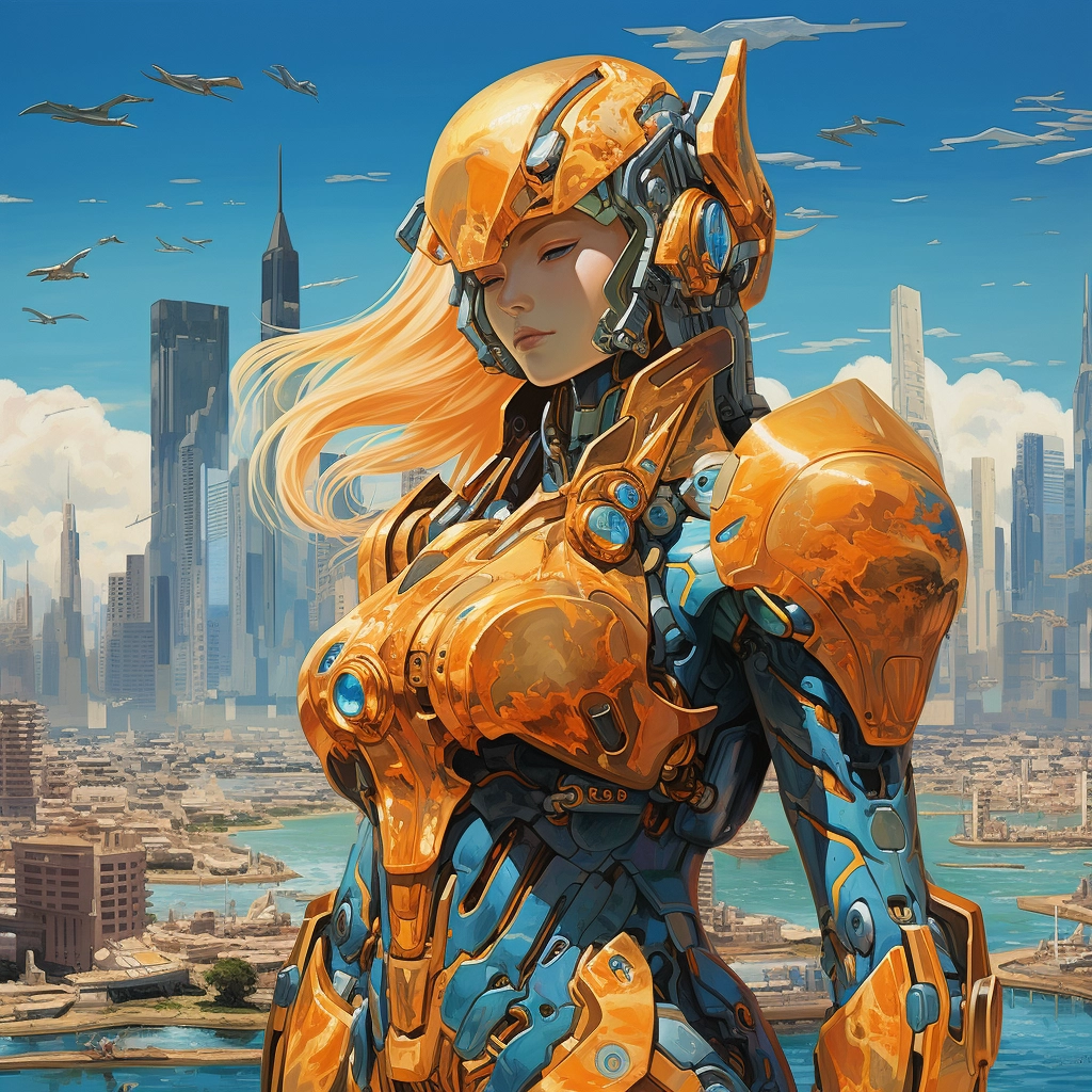 The skyline of the large futuristic city with a gold