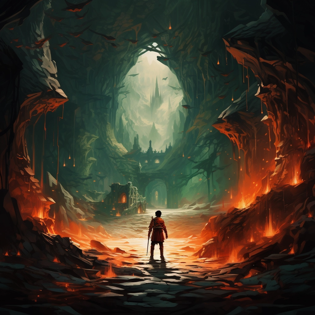 An in a cave with a knight on his shoulders in the s