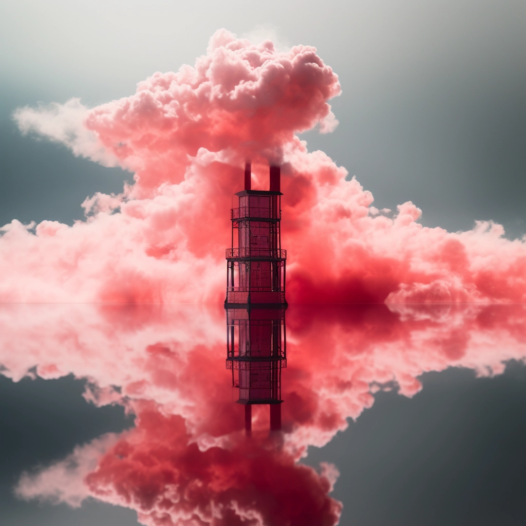 A giant red tower in the middle of a large sea of sm