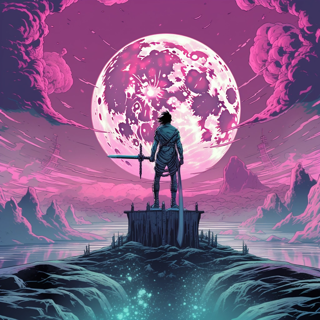 The sky is full of moon and a man is standing on a p