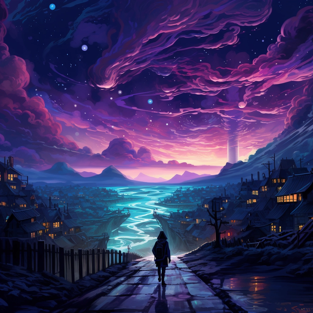 Person walking to a small town on a nightscape with