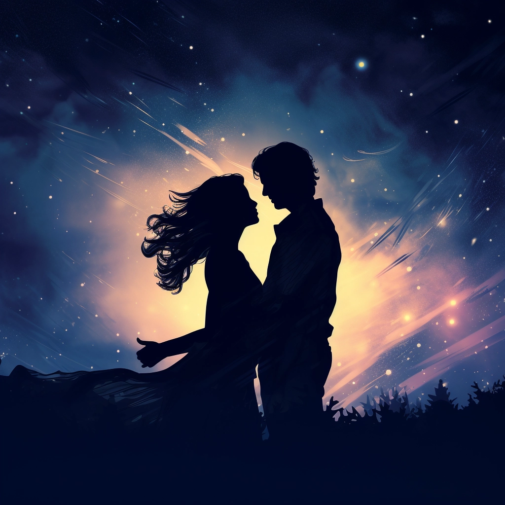 Shadow of a man and woman hugging a night sky styliz