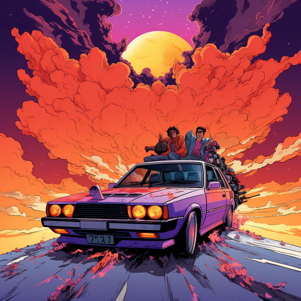 A car with people on top of it with two cars to the