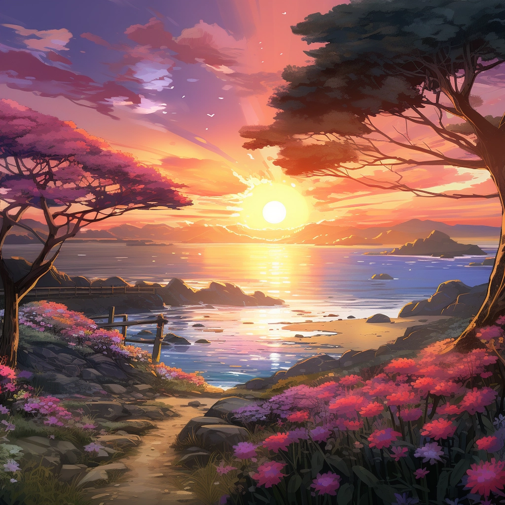 An anime sunset scene with trees and flowers in the
