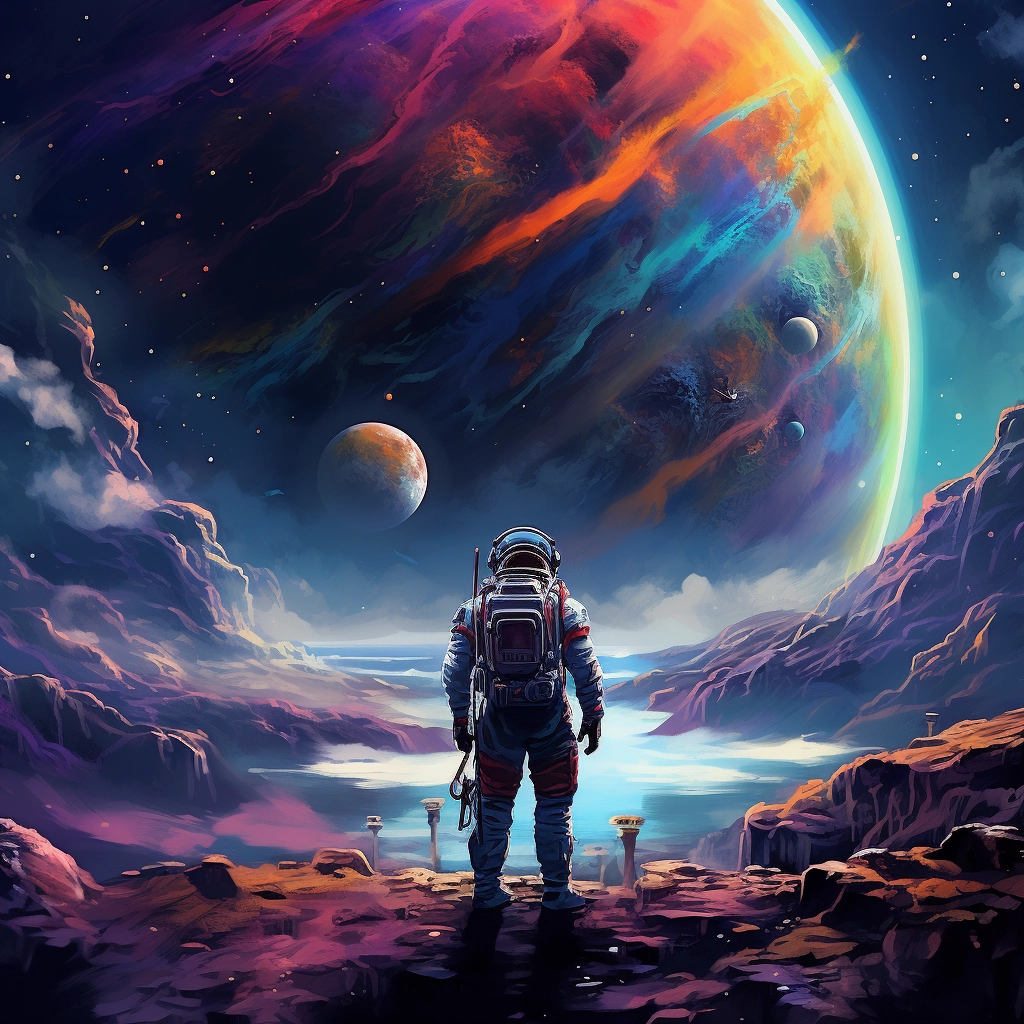 The astronaut looks out across the outer space in th