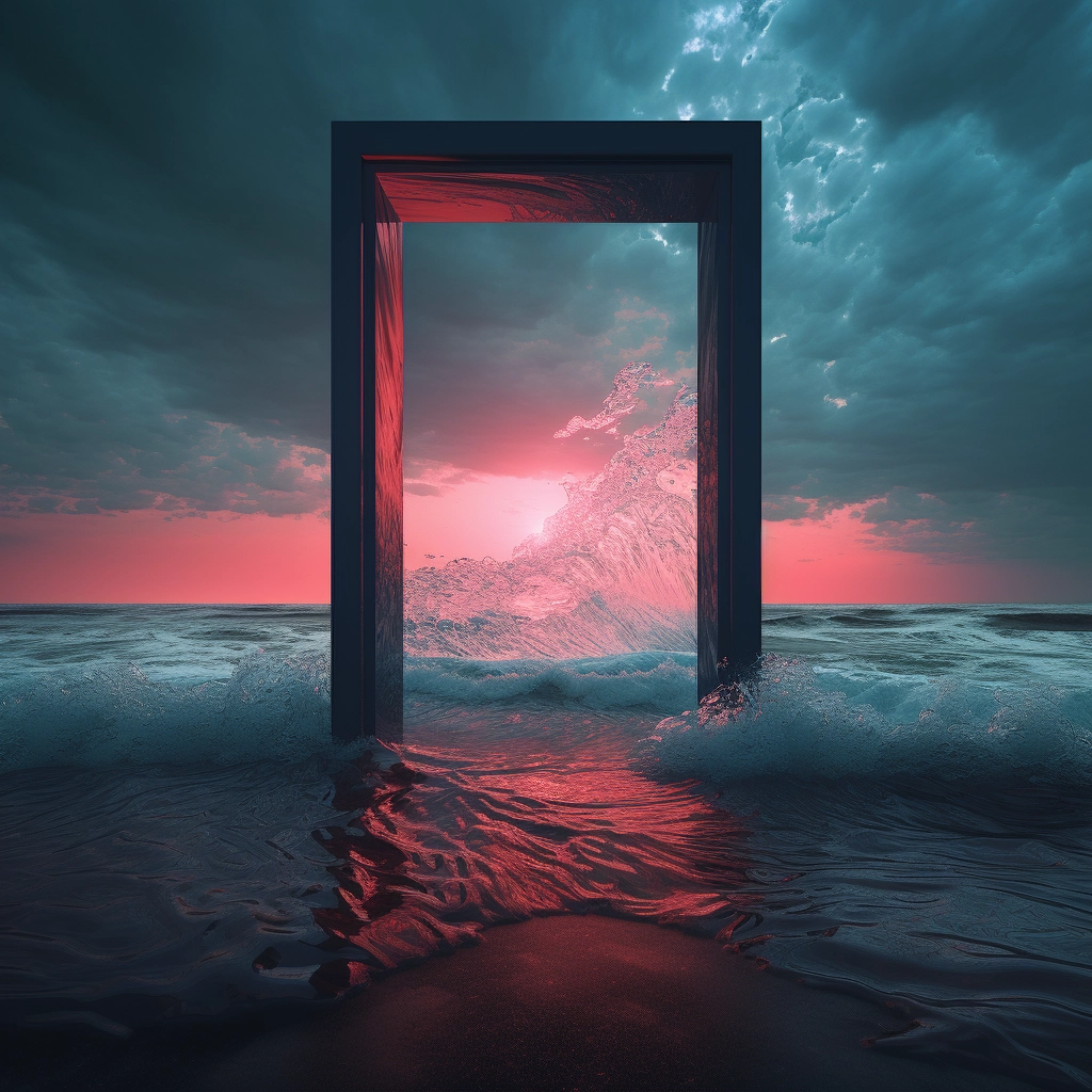 The sky and ocean with wave engulfing the door in th
