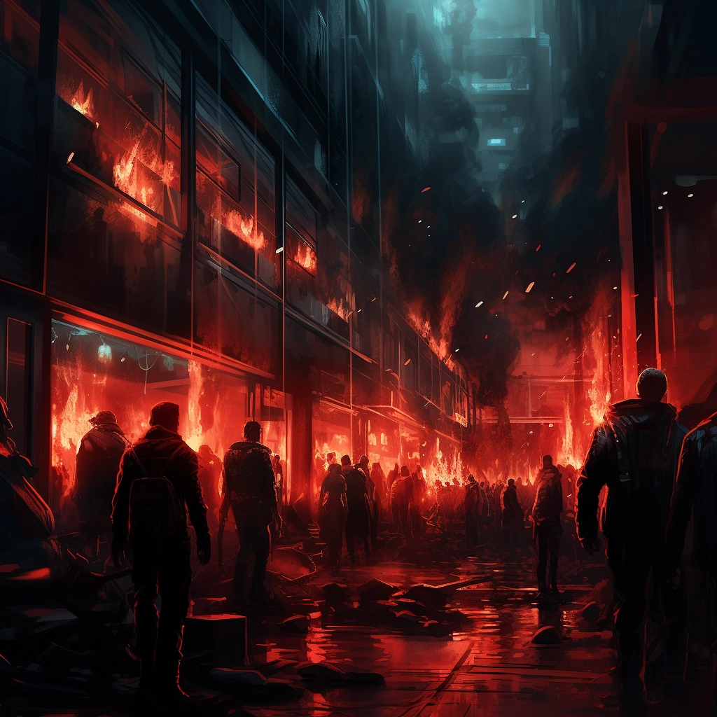 People inside of a building at night with red fire a