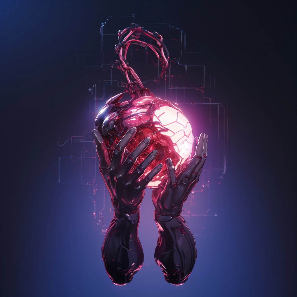 Synthetic heart being held in a robotic hand in the