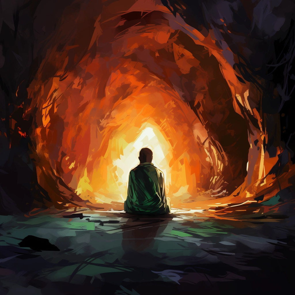 The figure is sitting in front of a cave with a torc