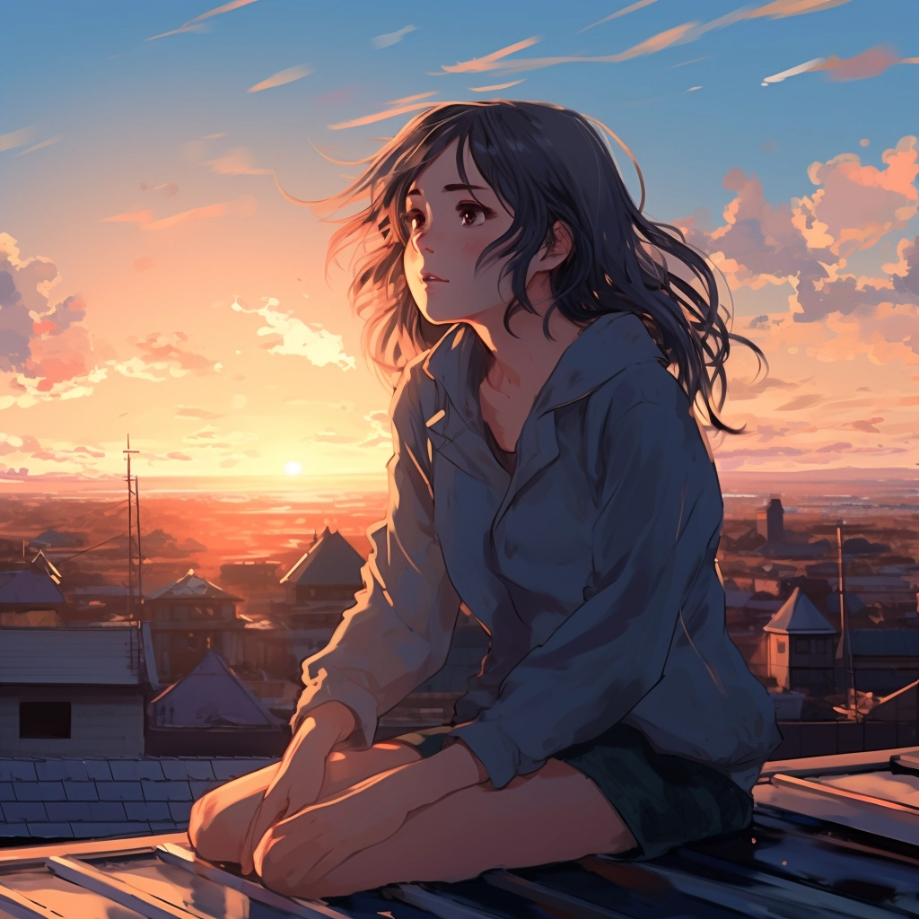 Girl sitting on the roof and watching the sunset in