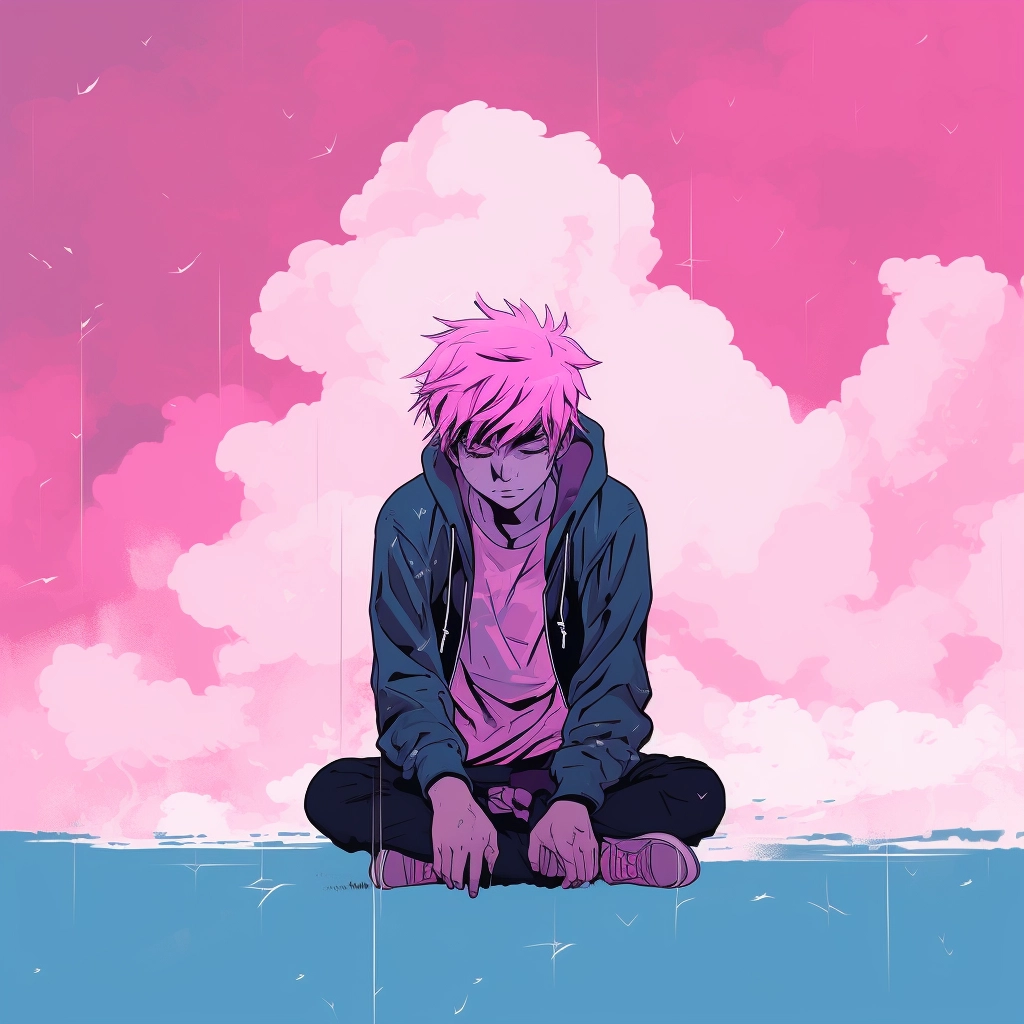 Lonely lofi anime boy with pink hair feeling sad 2D