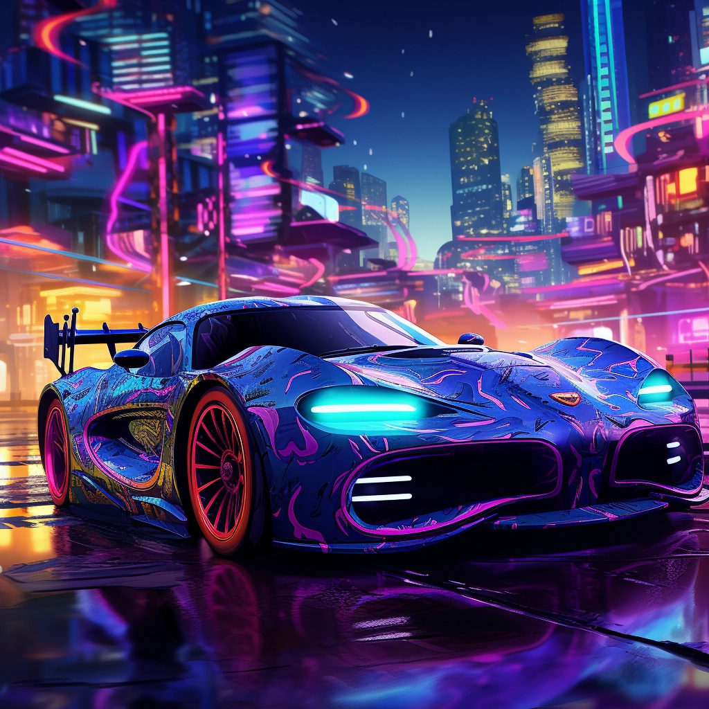 A futuristic car on the city in neon colors in the s