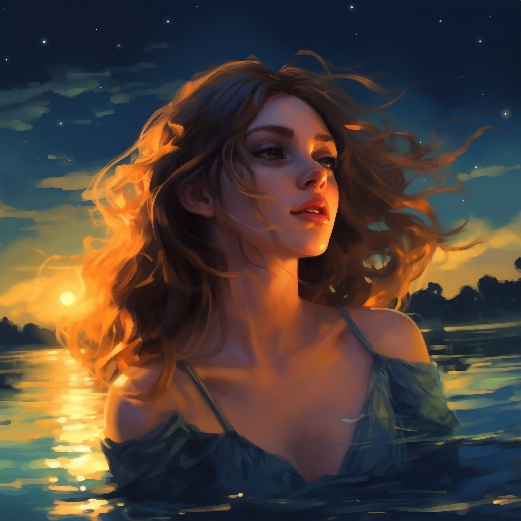 Girl in the sun night sky in the style of anime art
