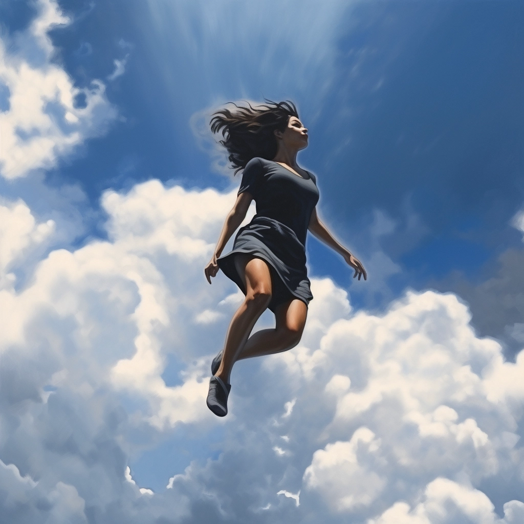 A picture of person flying in the clouds in the styl