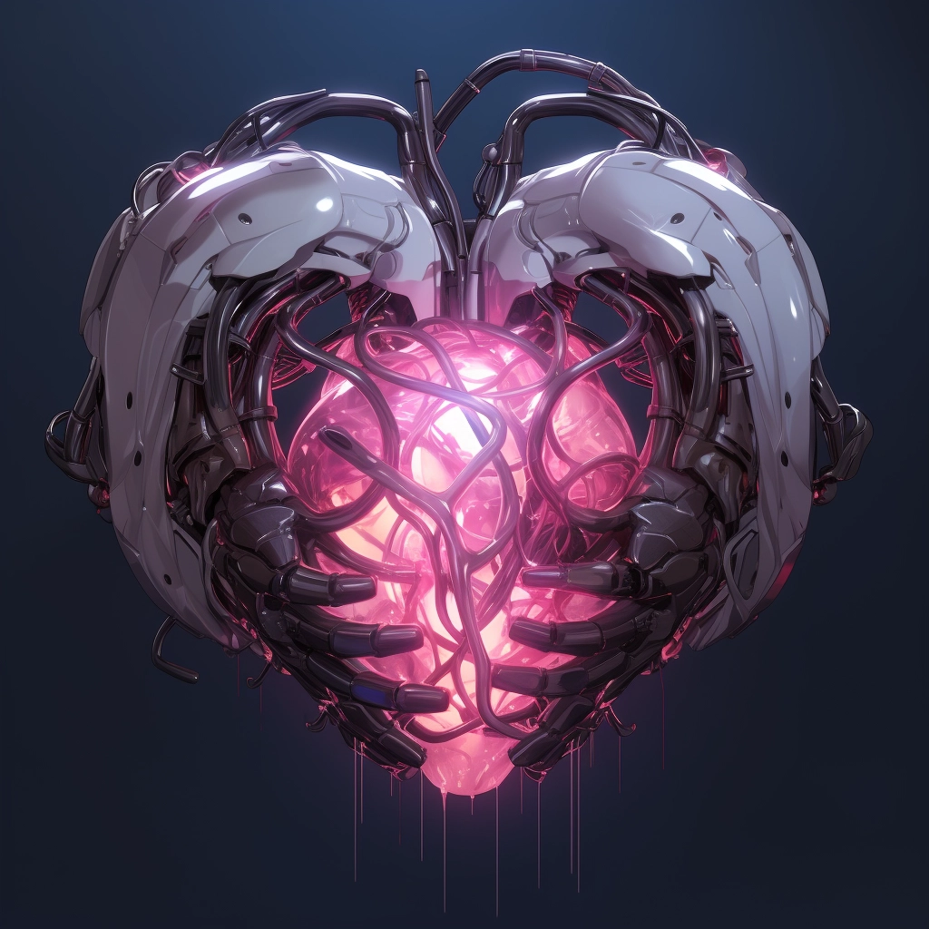 Synthetic heart being held in a robotic hand in the