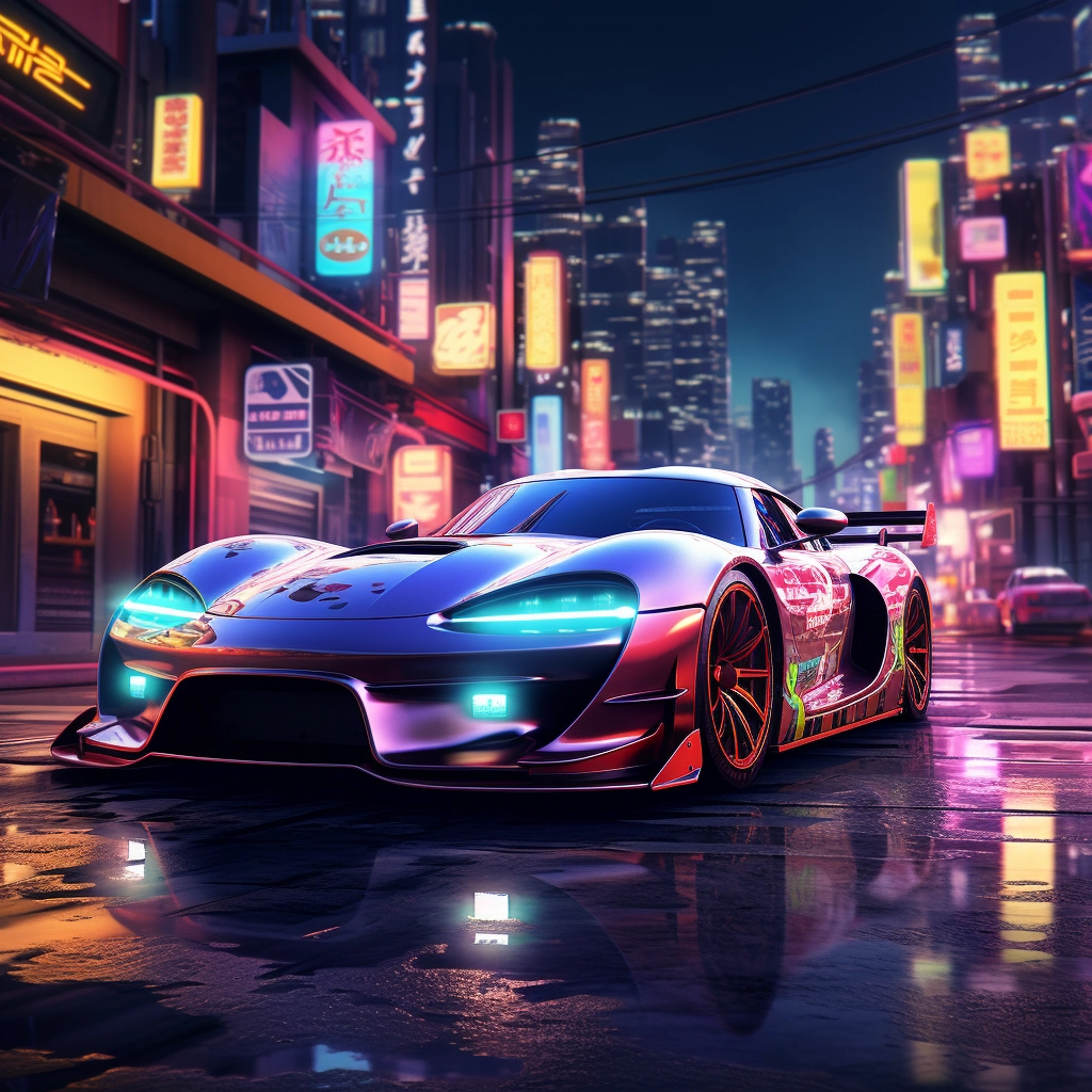 Neon neon car on the neon city in the style of anime