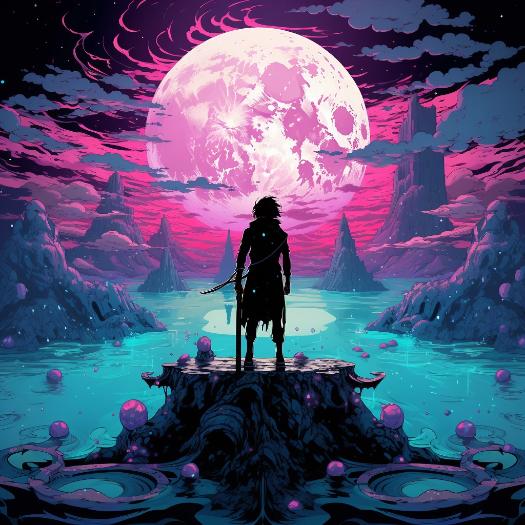 The sky is full of moon and a man is standing on a p