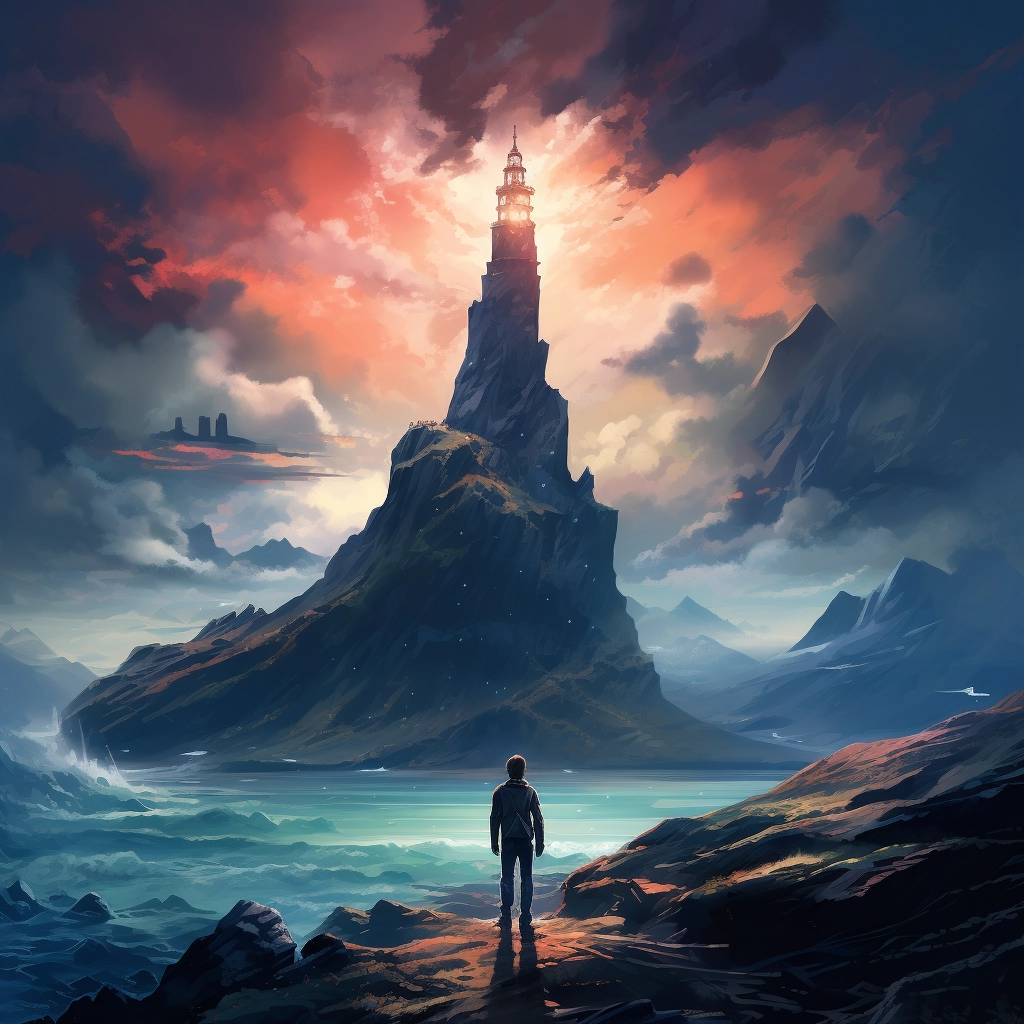 A man stands alone looking at a lighthouse with moun