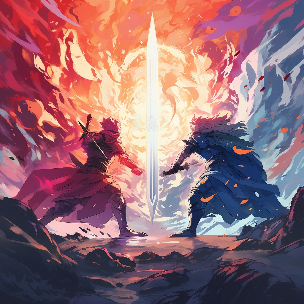A beautiful illustration two knights clashing disney