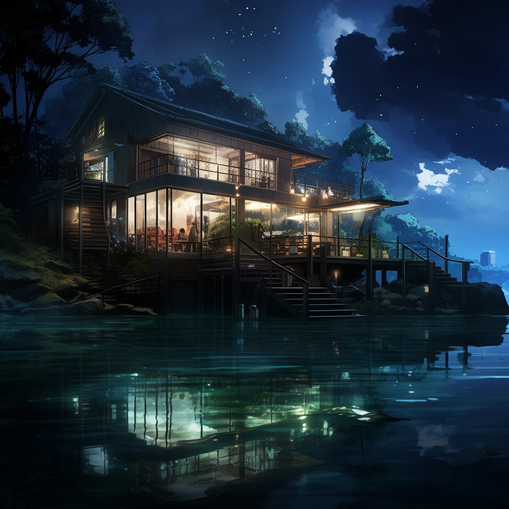 Anime lakehouse reflecting off of water HDR beautifu