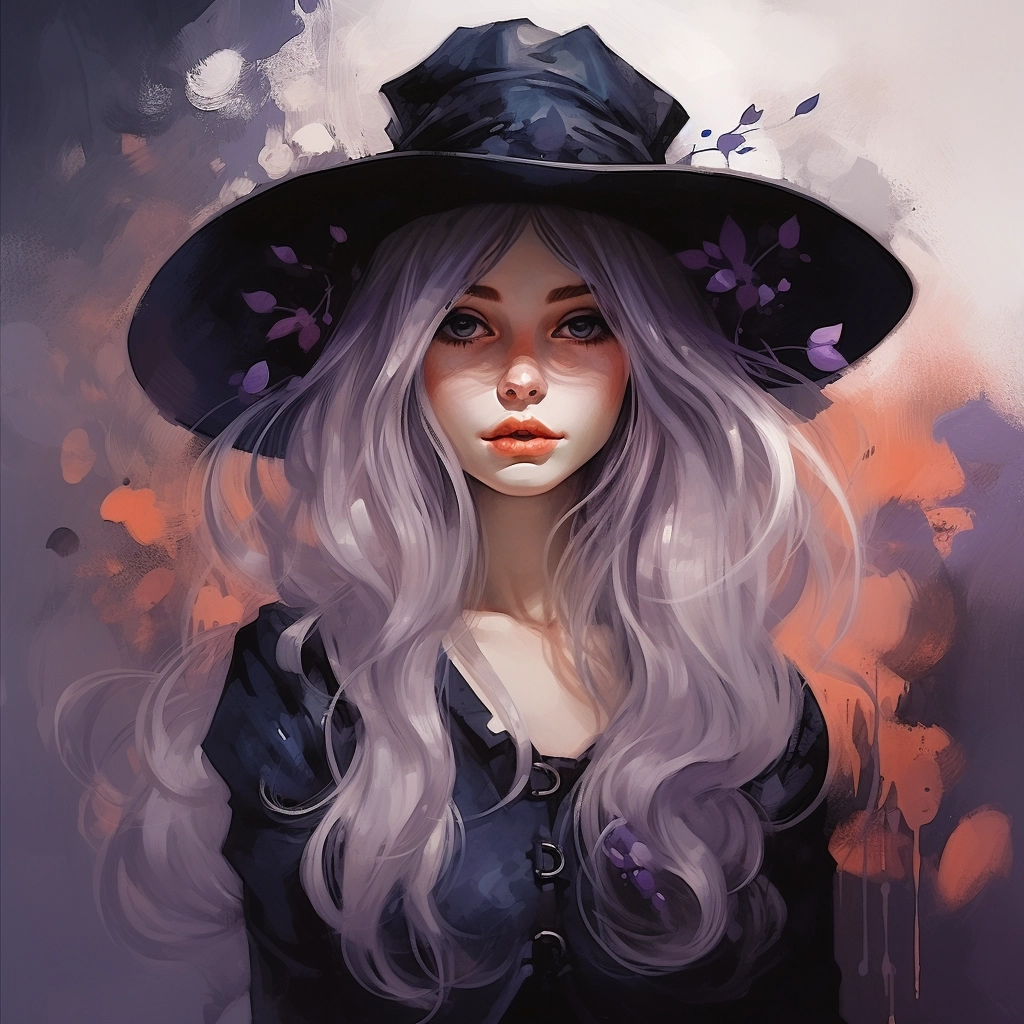 The young witch wears a hat and has long white hair