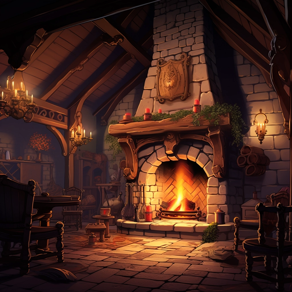 A beautiful illustration of a fireplace in a tavern