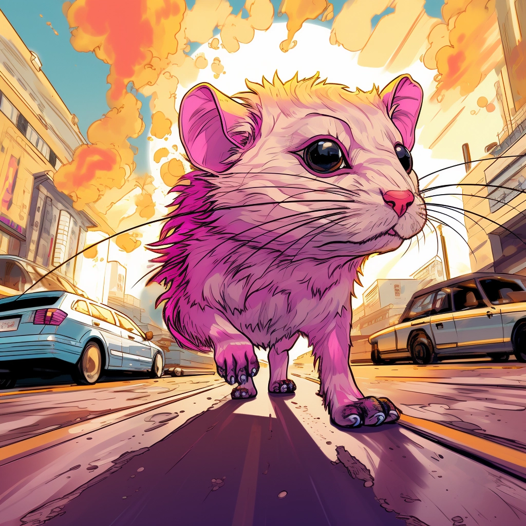 An animal driven by one of them on a colored road in