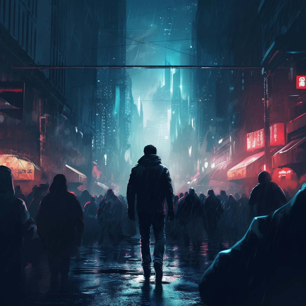 Man walking among people in darkness holding blue li