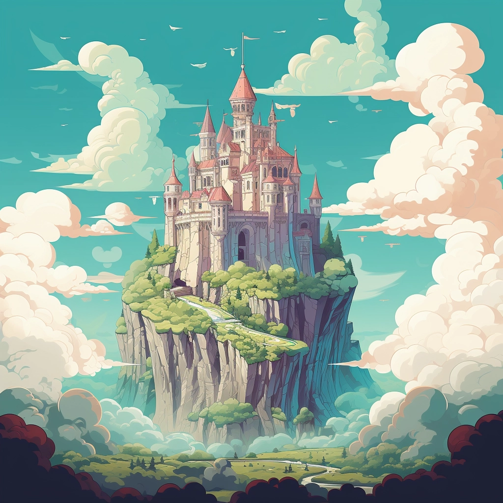 Castle in the sky flat colours 2d vector  