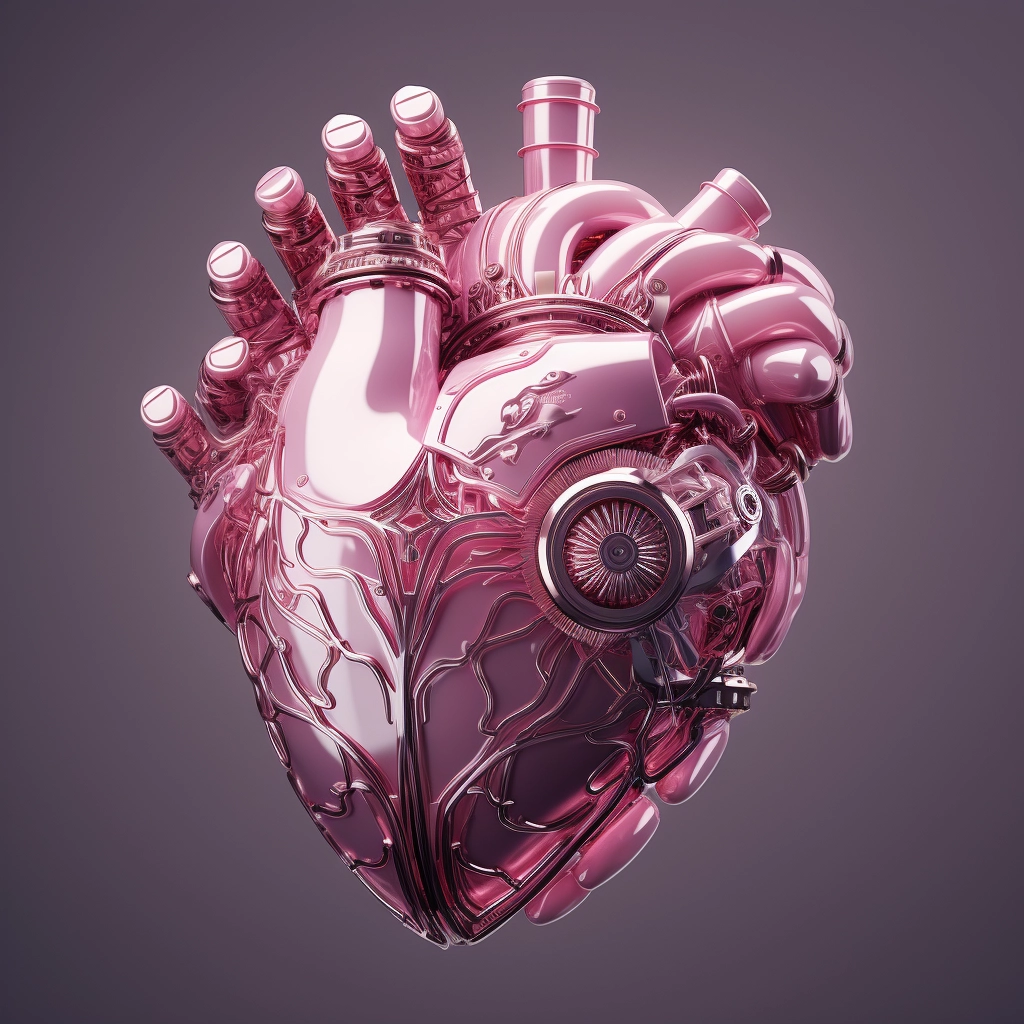 Synthetic heart being held in a robotic hand in the