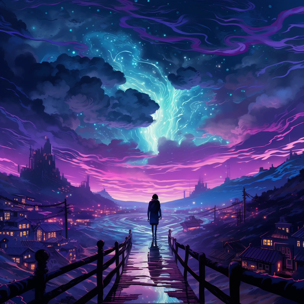 Person walking to a small town on a nightscape with