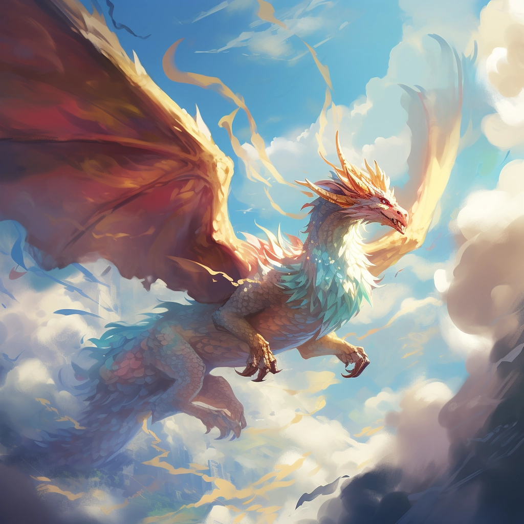 A beautiful illustration a dragon flying through the