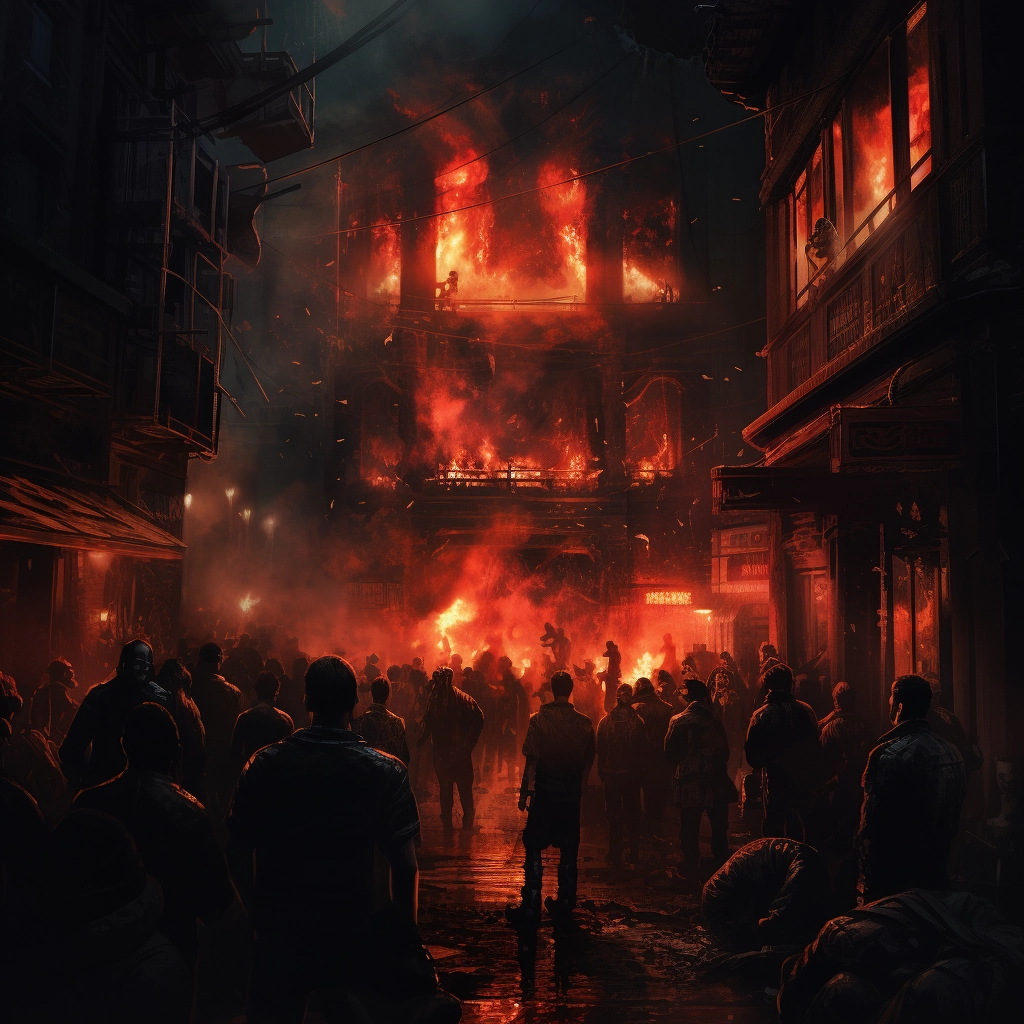 People inside of a building at night with red fire a