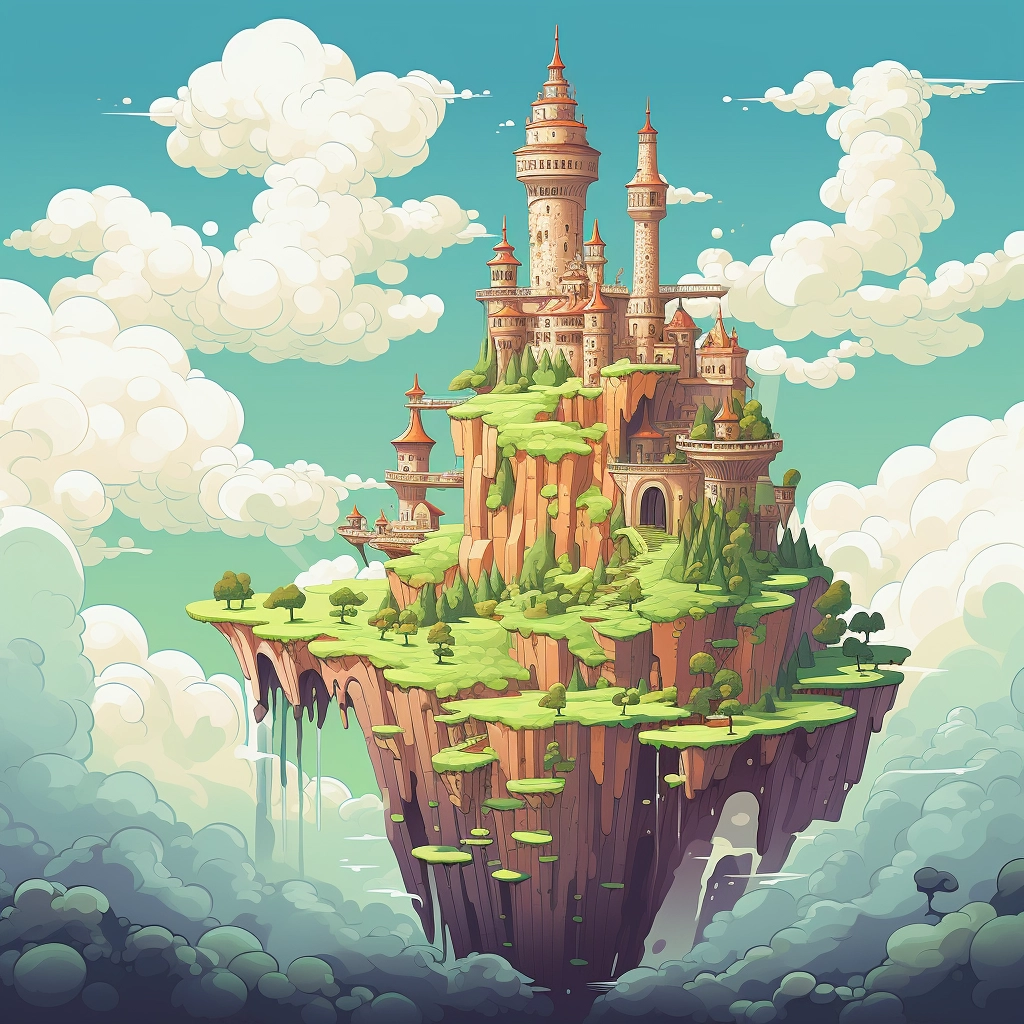 Castle in the sky flat colours 2d vector  