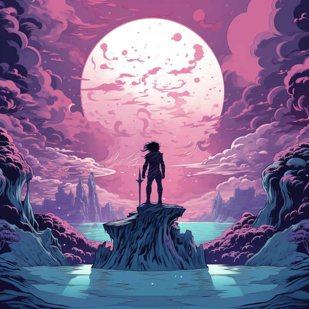 The sky is full of moon and a man is standing on a p