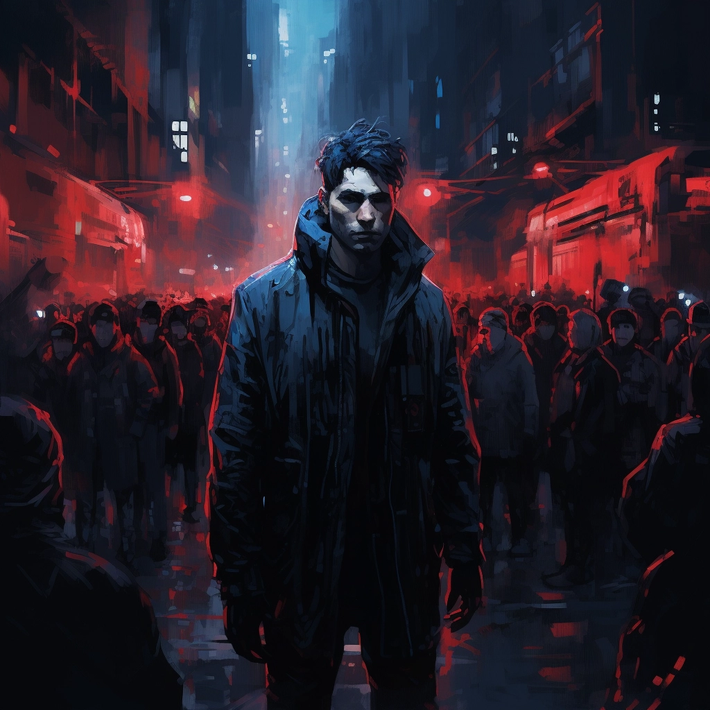 Man walking among people in darkness holding blue li