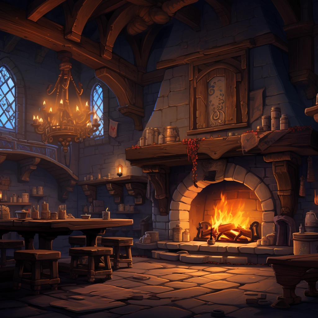 A beautiful illustration of a fireplace in a tavern